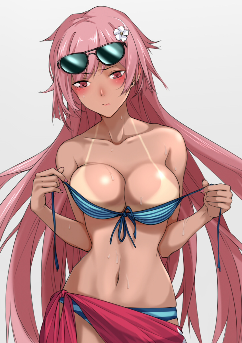 1girl :/ absurdres bikini bikini_tan blue_bikini blush breasts closed_mouth collarbone earrings er_huaa eyebrows_visible_through_hair flower front-tie_top girls_frontline grey_background hair_flower hair_ornament highres holding jewelry large_breasts long_hair navel ntw-20_(girls_frontline) pink_eyes pink_hair sarong simple_background solo striped striped_bikini sunglasses sunglasses_on_head sweat swimsuit tan tanline untied untied_bikini very_long_hair