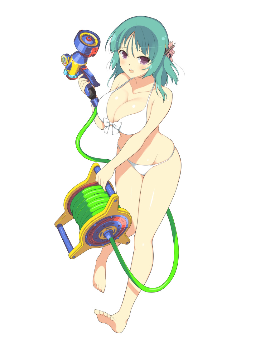 barefoot bashou_(senran_kagura) bikini breasts full_body green_hair hair_ornament halter_top halterneck highres holding hose large_breasts long_hair looking_at_viewer official_art open_mouth senran_kagura_(series) senran_kagura_peach_beach_splash simple_background swimsuit violet_eyes white_background white_bikini yaegashi_nan
