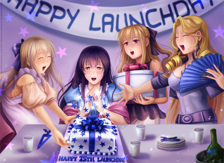 4girls alternate_costume banner belt birthday birthday_cake black_hair black_ribbon blonde_hair bottle brown_eyes cake casual closed_eyes dress drill_hair earrings fan food frilled_dress frills gift hair_intakes hair_ribbon highres iowa_(pacific) jewelry kantai_collection knife melisaongmiqin missouri_(pacific) multiple_girls nail_polish new_jersey_(pacific) no_hat no_headwear open_mouth pacific paper_cup paper_plate red_eyes ribbon smile star teeth uss_wisconsin_(bb-64) wine_bottle