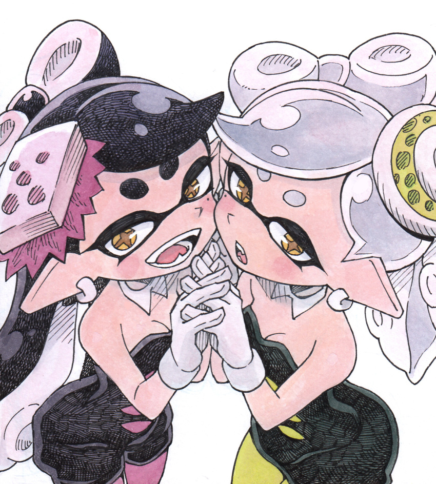 +_+ 2girls absurdres aori_(splatoon) black_hair blush breasts cheek-to-cheek cleavage cousins domino_mask dress earrings fang gloves green_legwear hair_ornament hand_holding highres hotaru_(splatoon) interlocked_fingers jewelry looking_at_viewer mask mole mole_under_eye multiple_girls open_mouth pantyhose pink_legwear pointy_ears short_eyebrows silver_hair simple_background sleeveless sleeveless_dress smile splatoon strapless strapless_dress symbol-shaped_pupils teeth tentacle_hair white_background white_gloves yellow_eyes yoshizawa_miyabi