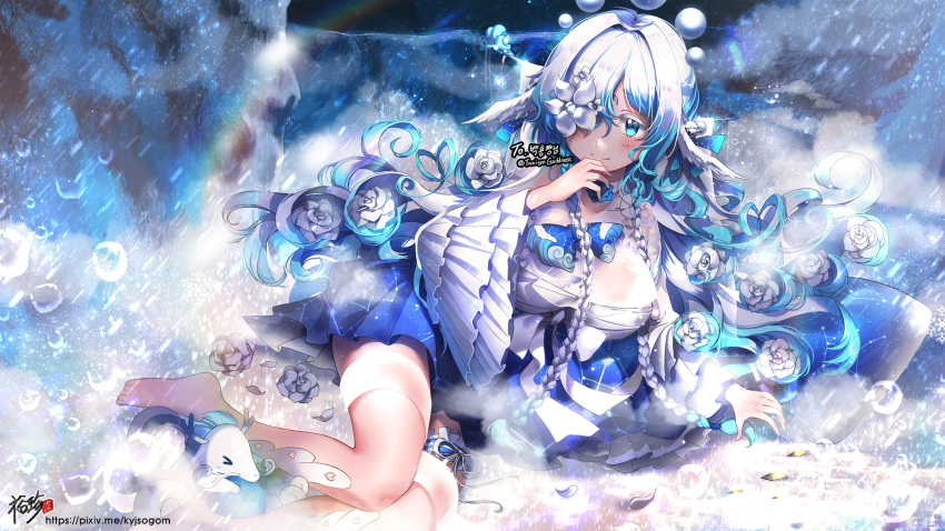 1girl artist_name barefoot blue_eyes blue_skirt blush breasts cleavage closed_mouth commission eyebrows_visible_through_hair hair_over_one_eye highres korean kyjsogom large_breasts long_hair looking_at_viewer lying on_side original pixiv_username skirt smile snowflakes solo twitter_username watermark web_address white_hair