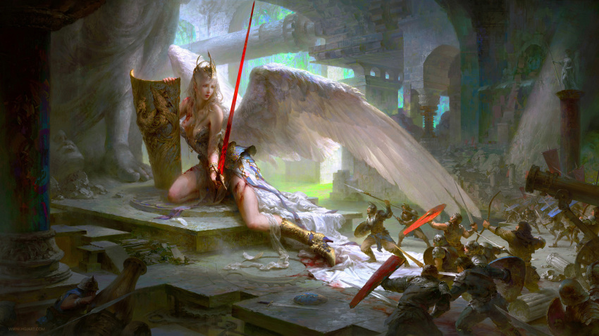 1girl angel angel_wings armor bare_shoulders battle blonde_hair blood boots bow_(weapon) column fantasy fighting_stance firing giantess guang_yi headwear helmet high_heel_boots high_heels highres holding holding_weapon hood injury long_hair multiple_boys original pillar polearm shield shoulder_armor sitting size_difference spear stairs statue sword weapon white_wings wings