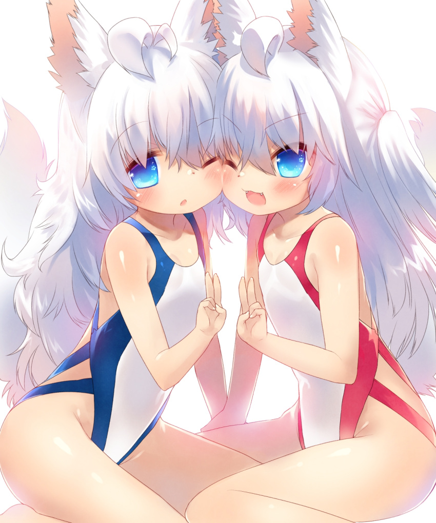 2girls ahoge animal_ears blue_eyes blush child fangs highres kneeling long_hair looking_at_viewer multiple_girls one-piece_swimsuit one_eye_closed open_mouth original siblings simple_background swimsuit tail toba_hiyoko twins v white_background wolf_ears wolf_tail