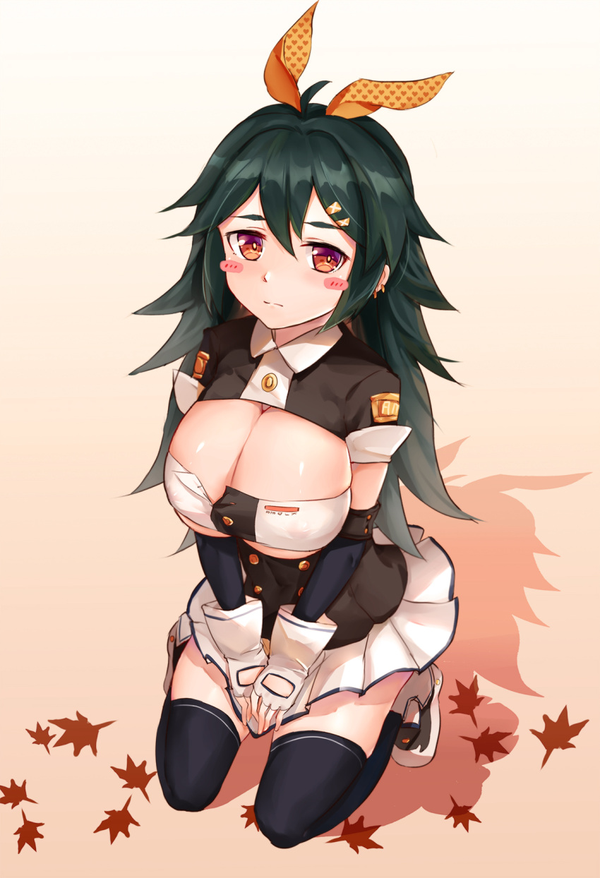 1girl bandeau black_legwear blush_stickers bobo_(6630978) breasts brown_eyes character_request closed_mouth commentary_request ear_clip fingerless_gloves full_body girls_frontline gloves gradient gradient_background green_hair hair_between_eyes hair_ribbon heart heart_print highres kneeling large_breasts long_hair looking_at_viewer orange_ribbon own_hands_together pleated_skirt ribbon silhouette skirt solo thigh-highs v_arms white_gloves white_skirt