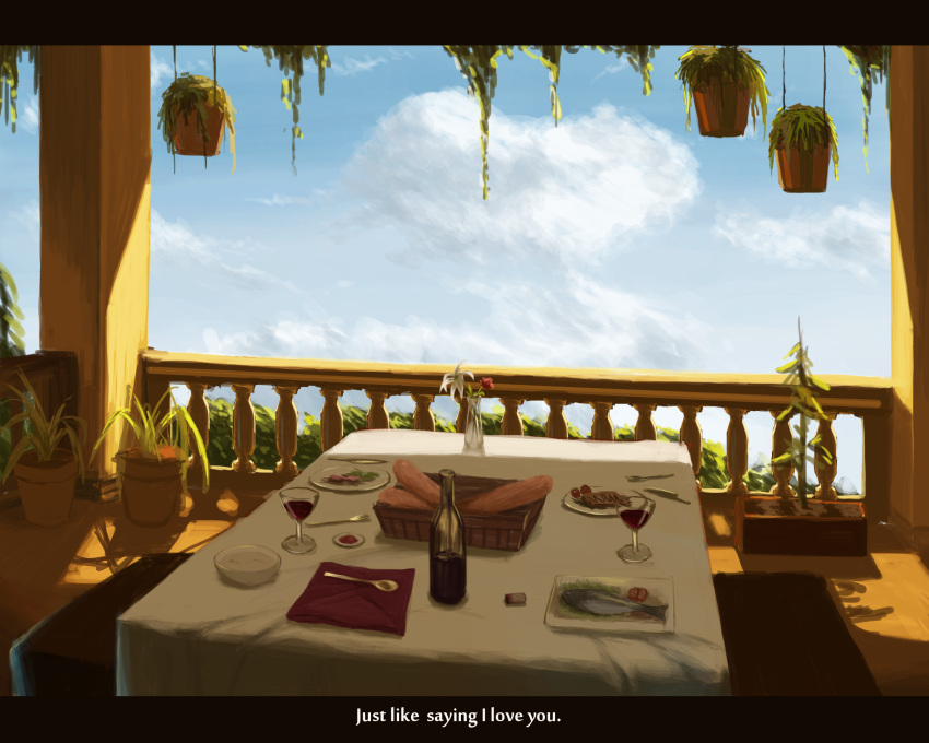 alcohol baguette basket bottle braid bread clouds cork cup day dress drinking_glass english fish flower food fork highres knife letterboxed napkin no_humans plant plate potted_plant railing sky table tablecloth wine wine_bottle wine_glass yoru_no_nai_kuni yurichtofen