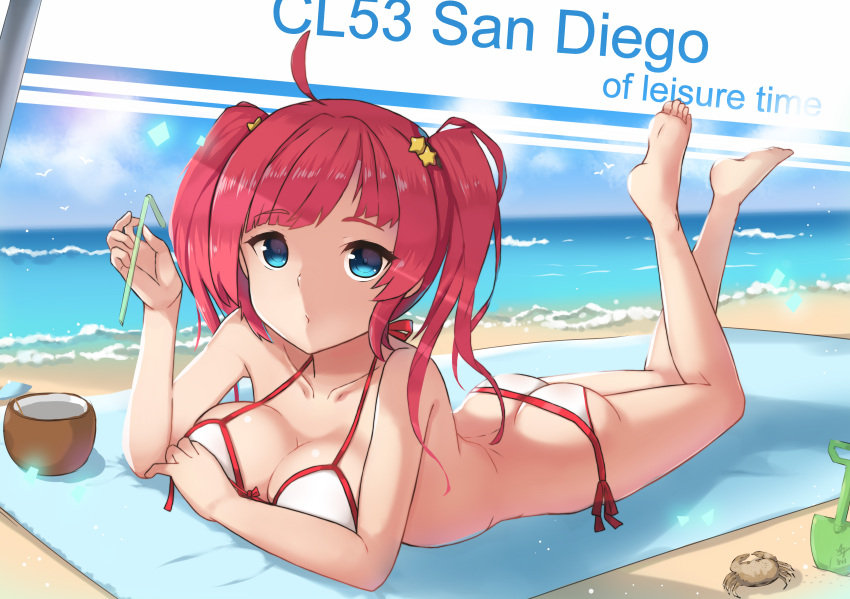 1girl absurdres ahoge ass barefoot beach bilan_hangxian blanket blue_eyes blush breasts character_name cleavage collarbone crab drinking_straw eyebrows_visible_through_hair hair_ornament highres large_breasts looking_at_viewer lying on_stomach parted_lips pink_hair san_diego_(bilan_hangxian) short_hair short_twintails shou_jian_yu shovel solo star star_hair_ornament twintails worktool