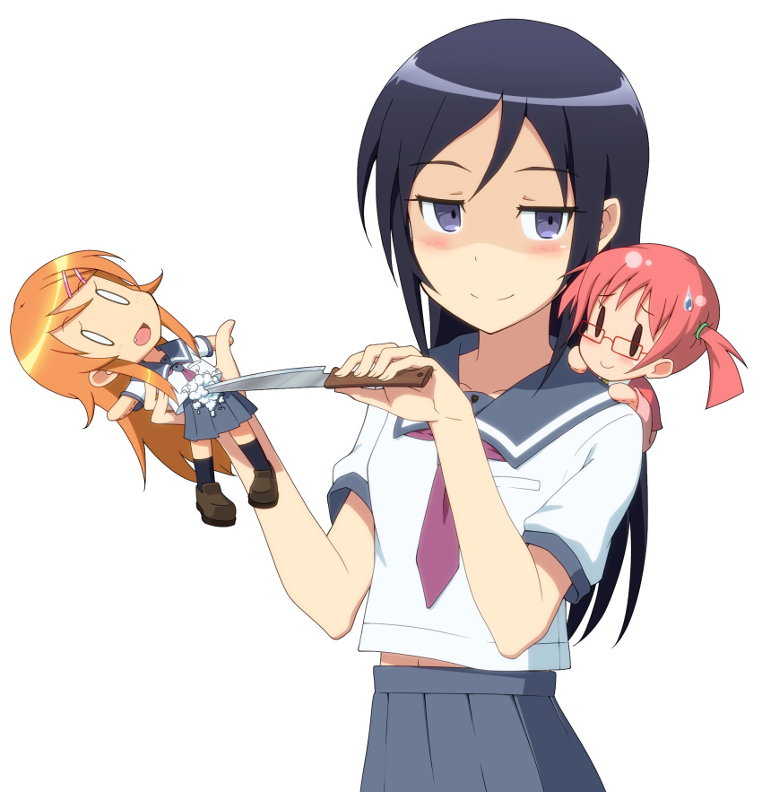 aragaki_ayase blue_eyes blue_hair blue_skirt blush breast_pocket broken character_doll hands_up highres holding holding_doll holding_knife knife kousaka_kirino long_hair looking_at_viewer midiman navel necktie ore_no_imouto_ga_konna_ni_kawaii_wake_ga_nai pleated_skirt pocket red_necktie sailor_collar school_uniform serafuku shaded_face shirt skirt smile sweatdrop transparent_background white_shirt