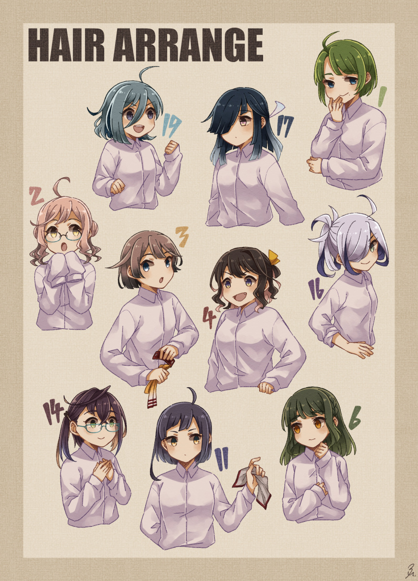 &gt;:d 6+girls :d :o absurdres ahoge alternate_hair_length alternate_hairstyle asashimo_(kantai_collection) bangs black_hair blue-framed_eyewear blue_eyes blush bob_cut border brown_eyes brown_hair cropped_torso double_bun eyebrows_visible_through_hair fang fujinami_(kantai_collection) glasses gradient_hair green_eyes green_hair grey_eyes grey_hair hair_between_eyes hair_ornament hair_ornament_removed hair_over_one_eye hair_ribbon hairclip half_updo hand_on_own_chin hand_up hands_in_sleeves hands_up hayashimo_(kantai_collection) highres holding holding_ribbon kantai_collection kazagumo_(kantai_collection) kiyoshimo_(kantai_collection) long_sleeves looking_away looking_to_the_side makigumo_(kantai_collection) medium_hair miroku_san-ju mole mole_under_mouth multicolored_hair multiple_girls naganami_(kantai_collection) number okinami_(kantai_collection) open_mouth pink_hair ribbon ringlets round_teeth shirt short_hair short_hair_with_long_locks signature sleeves_past_wrists smile takanami_(kantai_collection) teeth wavy_hair wavy_mouth white_ribbon white_shirt yellow_ribbon yuugumo_(kantai_collection)