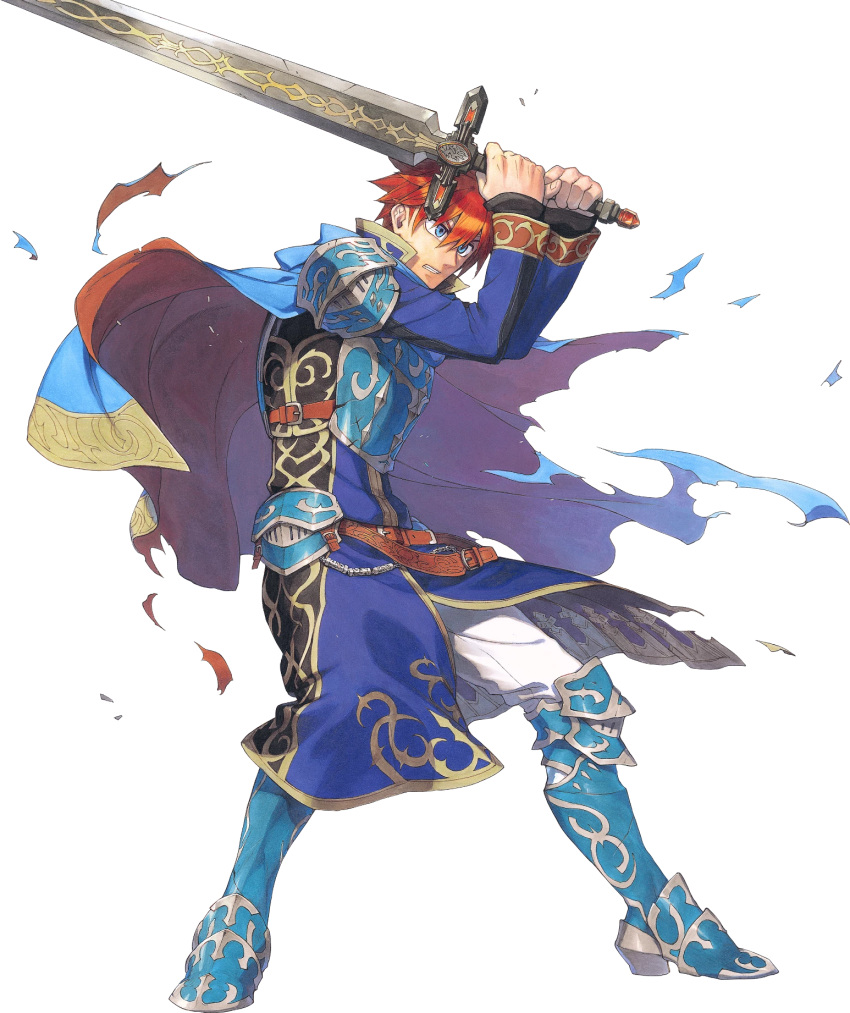 1boy armor blue_eyes cape durrandal eliwood_(fire_emblem) fire_emblem fire_emblem:_rekka_no_ken fire_emblem_heroes full_body highres male_focus official_art redhead short_hair smile sword torn_clothes weapon