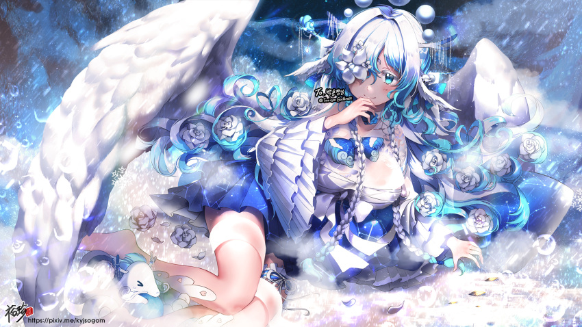 1girl artist_name barefoot blue_eyes blue_skirt blush breasts cleavage closed_mouth commission eyebrows_visible_through_hair hair_over_one_eye highres korean kyjsogom large_breasts long_hair looking_at_viewer lying on_side original pixiv_username skirt smile snowflakes solo twitter_username watermark web_address white_hair wings