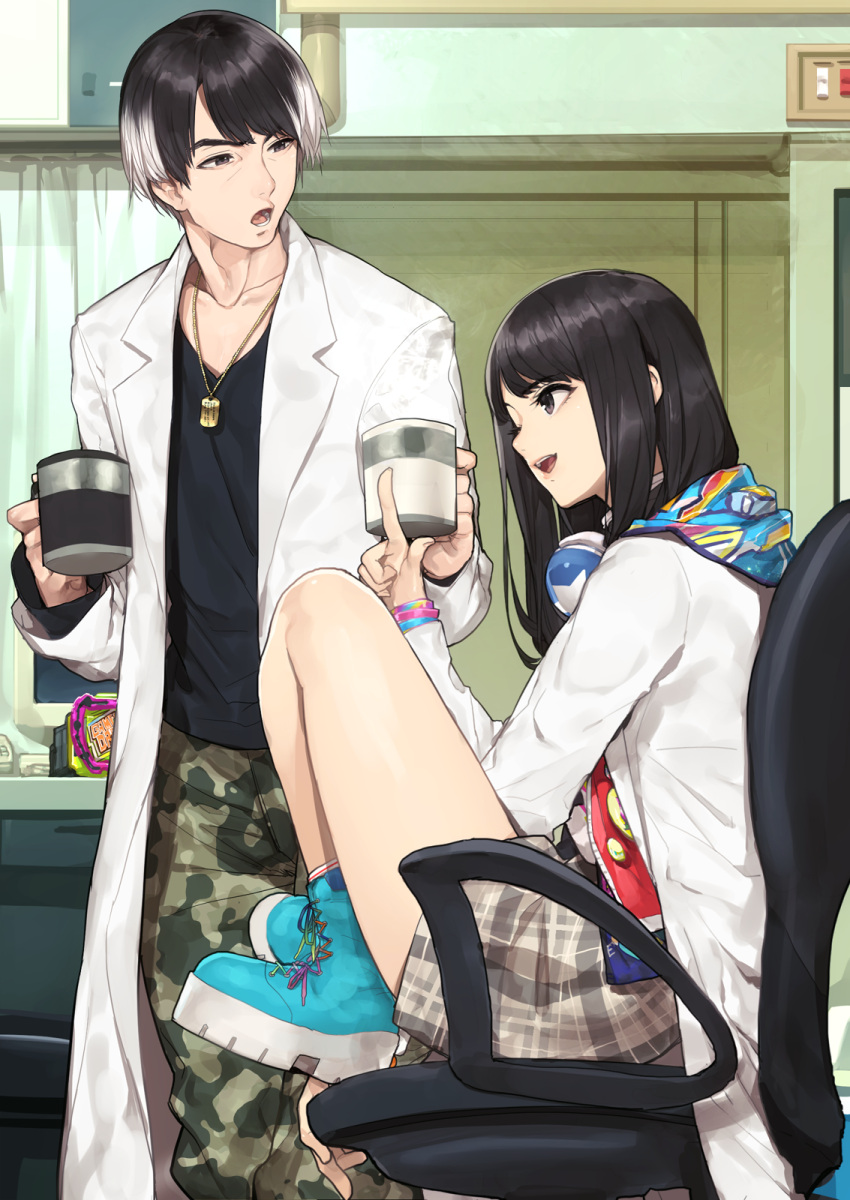 1boy 1girl black_eyes black_hair camouflage camouflage_pants cup dog_tags female hanaya_taiga headphones highres hitoto hood jacket jewelry kamen_rider kamen_rider_ex-aid_(series) long_hair male mug multicolored_hair necklace one_eye_closed pants rider_belt saiba_niko smile streaked_hair two-tone_hair white_hair