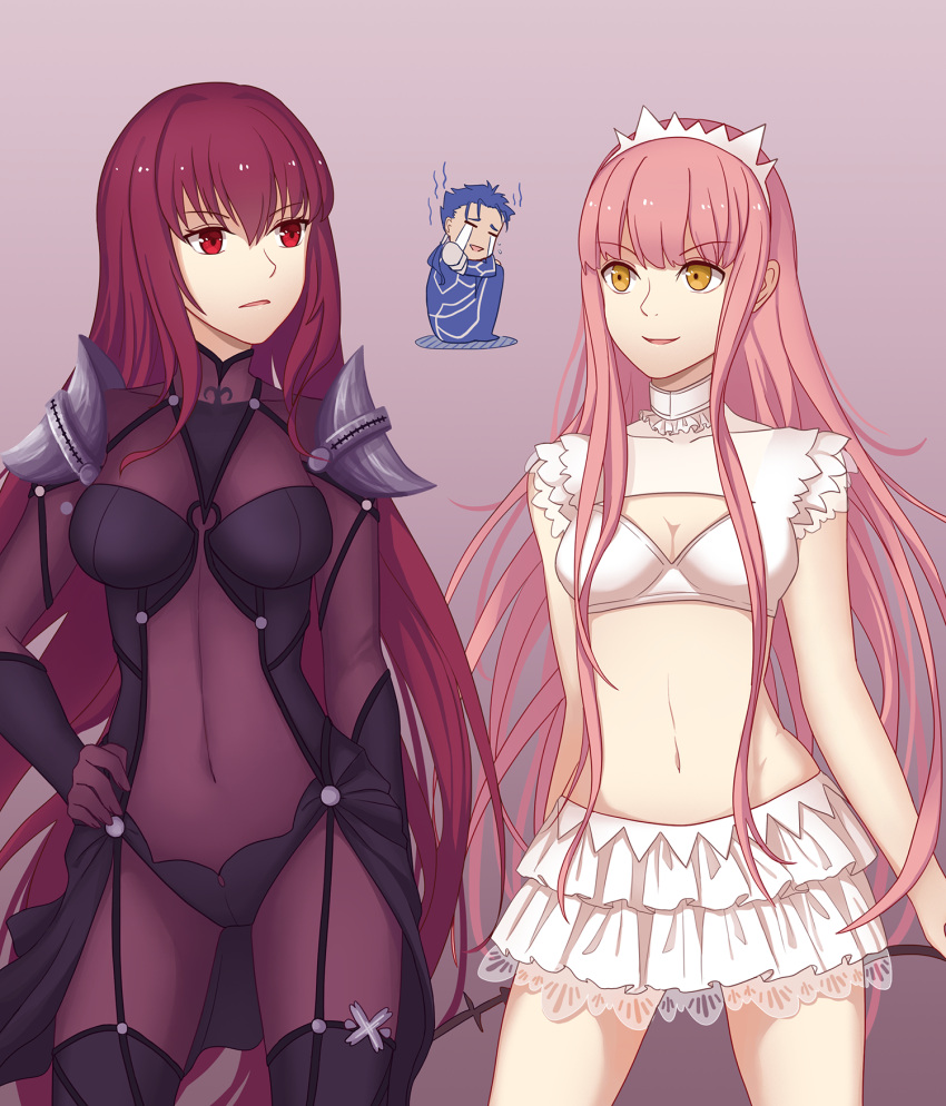 1boy 2girls ain_(3990473) armor bangs blue_bodysuit blue_hair blunt_bangs bodysuit breasts bustier cleavage contrapposto cowboy_shot crying fate/grand_order fate_(series) hand_on_hip highres lancer long_hair looking_at_another medb_(fate/grand_order) medium_breasts miniskirt multiple_girls navel pauldrons pink_hair purple_bodysuit purple_hair red_eyes scathach_(fate/grand_order) shoulder_armor skirt smile tears very_long_hair whip white_skirt yellow_eyes
