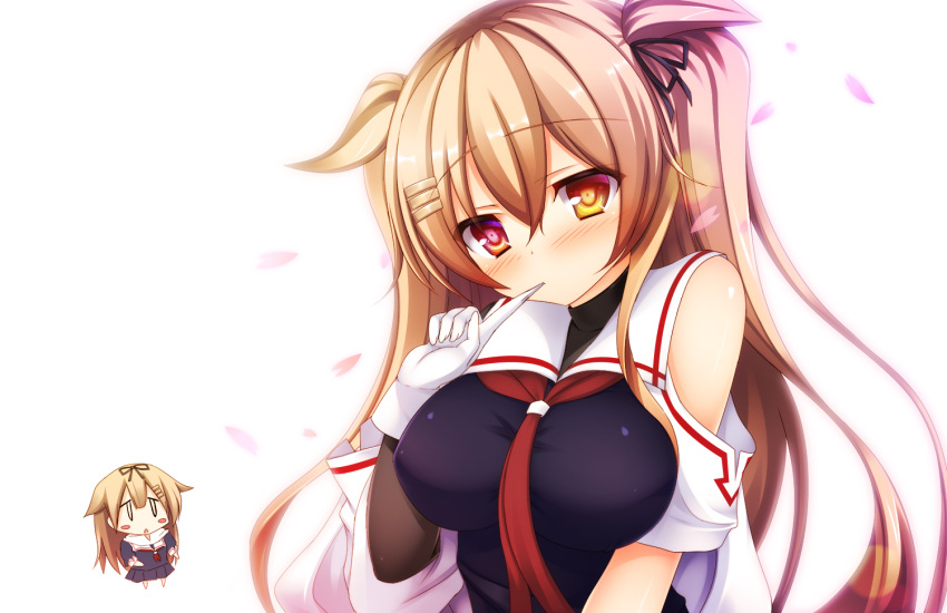 2girls asymmetrical_clothes black_ribbon black_serafuku blonde_hair blush breasts brown_eyes cherry_blossoms gloves hair_flaps hair_ornament hair_ribbon hairclip heterochromia kantai_collection light_brown_hair long_hair minigirl multiple_girls murasame_(kantai_collection) neckerchief petals red_eyes remodel_(kantai_collection) ribbon scarf school_uniform serafuku shitou_kazuaki sideboob straight_hair twintails two_side_up white_background white_gloves white_scarf yuudachi_(kantai_collection)