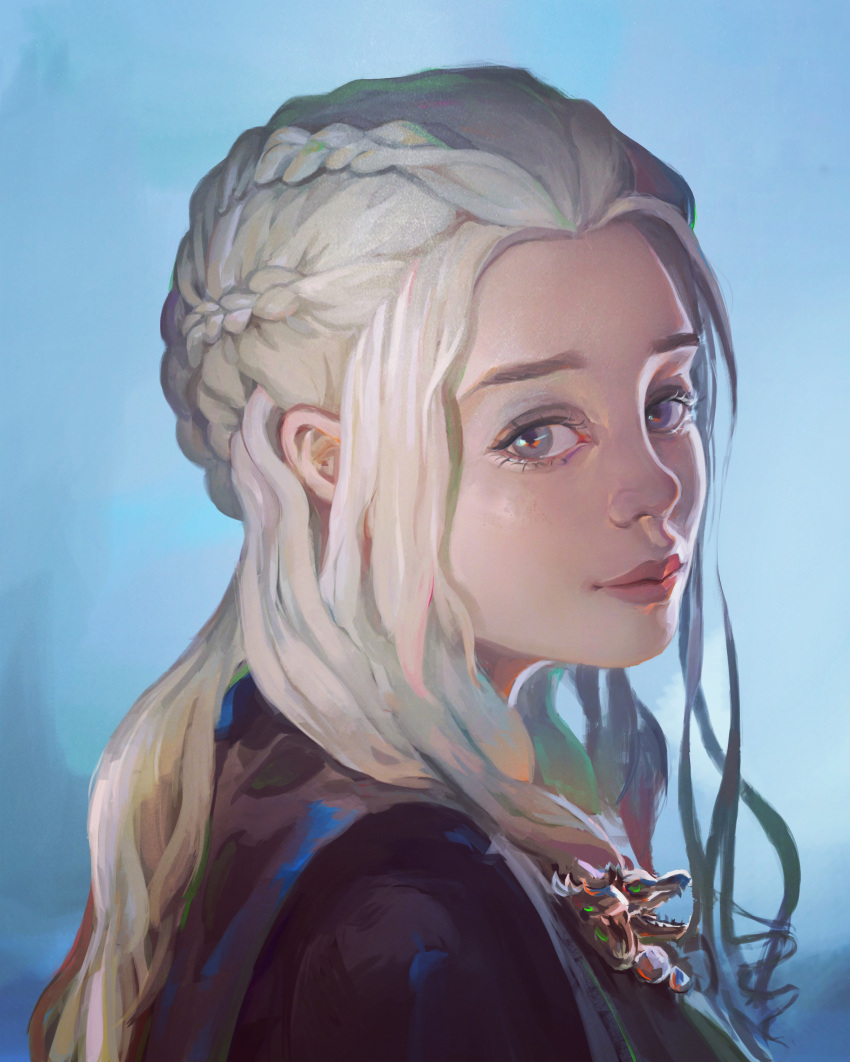 1girl a_song_of_ice_and_fire absurdres braid daenerys_targaryen face game_of_thrones highres lips long_hair looking_at_viewer looking_back twomix violet_eyes white_hair