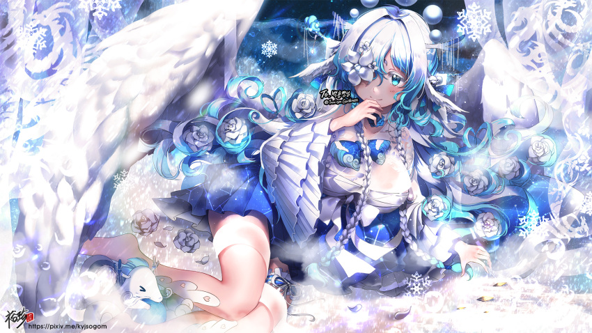 1girl artist_name barefoot blue_eyes blue_skirt blush breasts cleavage closed_mouth commission eyebrows_visible_through_hair hair_over_one_eye highres korean kyjsogom large_breasts long_hair looking_at_viewer lying on_side original pixiv_username skirt smile snowflakes solo twitter_username watermark web_address white_hair wings