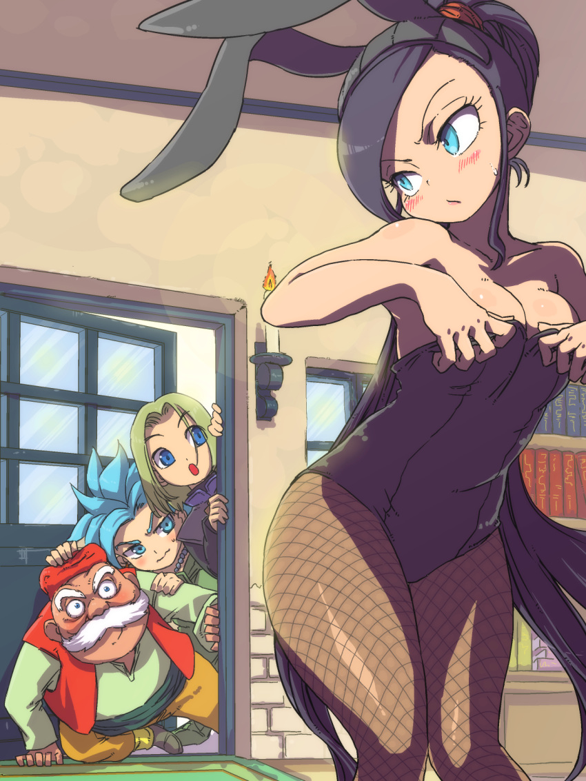 1girl 3boys adjusting_clothes animal_ears bangs bare_arms bare_shoulders black_leotard blue_eyes breasts bunnysuit camus_(dq11) candle cleavage dragon_quest dragon_quest_xi fake_animal_ears female fishnet_pantyhose fishnets hero_(dq11) highres leotard long_hair looking_at_another looking_back male martina_(dq11) medium_breasts moyamu multiple_boys pantyhose peeking ponytail purple_hair rabbit_ears row_(dq11) strapless strapless_leotard swept_bangs thighs very_long_hair