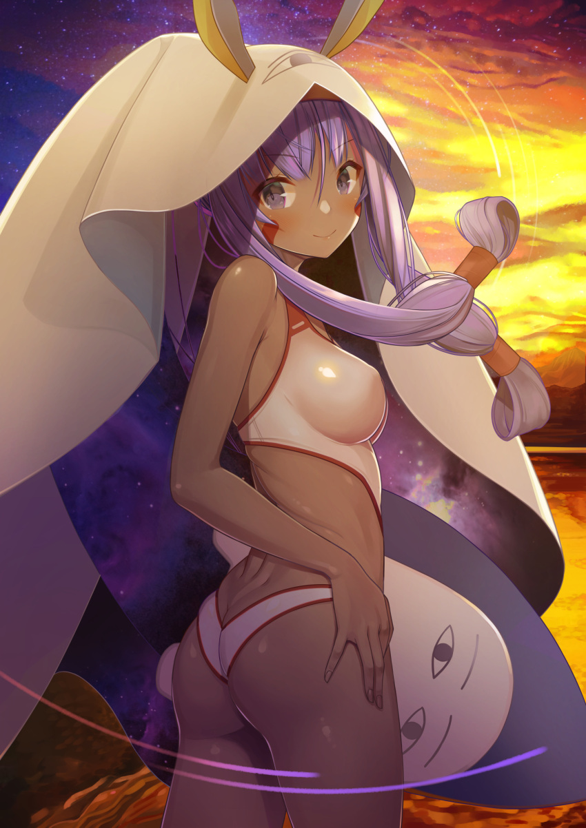1girl animal_ears ass at-yui breasts closed_mouth cowboy_shot dark_skin dimples_of_venus eyebrows_visible_through_hair facial_mark fate/grand_order fate_(series) from_behind hair_tubes hairband highres kickboard long_hair looking_at_viewer looking_back medjed nitocris_(swimsuit_assassin)_(fate) one-piece_swimsuit perky_breasts purple_hair sidelocks sky smile solo swimsuit very_long_hair violet_eyes white_swimsuit