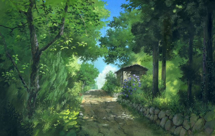 blue_sky building clouds day flower forest grass hosoi_mikio nature no_humans outdoors plant road scenery sky stone_wall studio_ghibli traditional_media tree wall