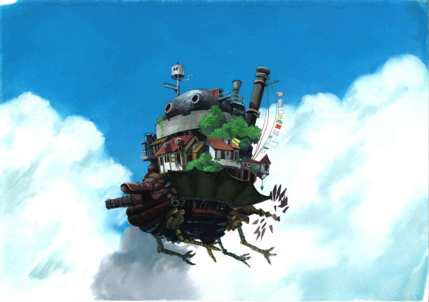 airship anchoku_0621 blue_sky calligraphy_brush_(medium) castle chimney claws clouds fantasy flying highres house howl_no_ugoku_shiro laundry laundry_pole sky tower traditional_media