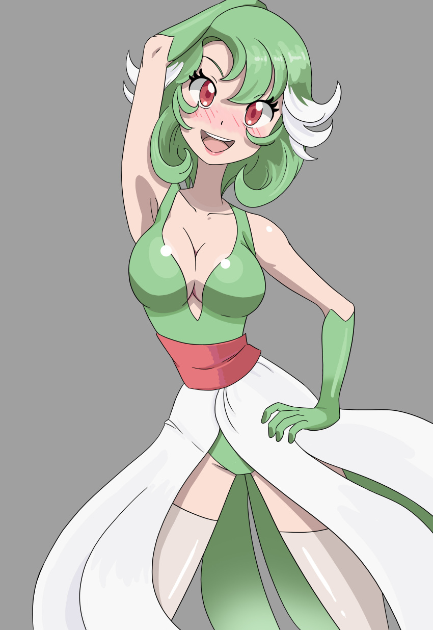 1girl :d absurdres angelandro27 arm_up armpits bangs blush breasts cleavage collarbone contrapposto cowboy_shot digital elbow_gloves gardevoir gloves green_hair green_leotard hand_on_hip highres large_breasts leotard looking_at_viewer medium_breasts multicolored_hair open_mouth personification pokemon pokemon_(creature) pokemon_(game) red_eyes short_hair simple_background skirt sleeveless smile solo thigh-highs two-tone_hair white_skirt