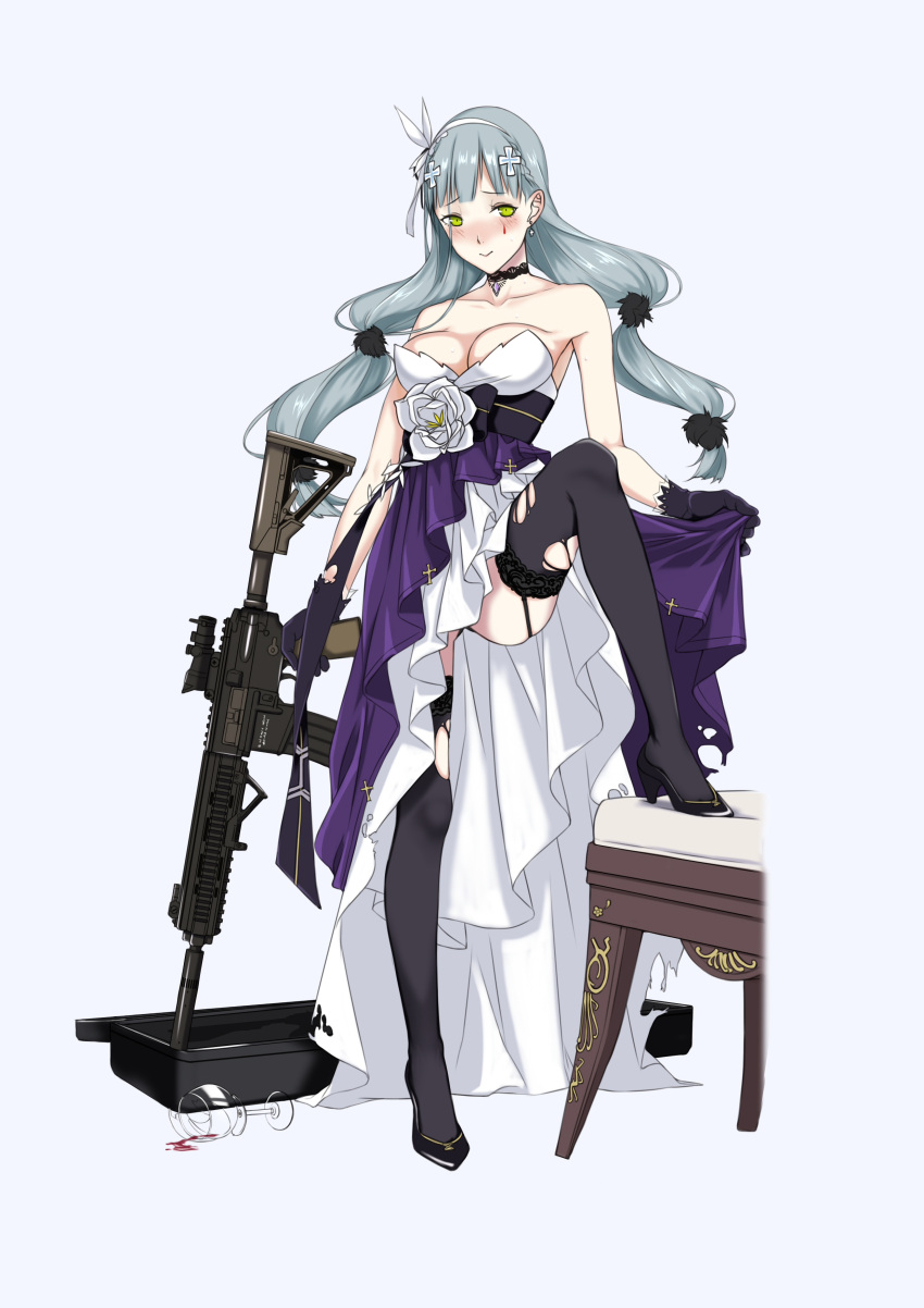 1girl :&gt; absurdres alcohol arm_at_side assault_rifle bangs bare_shoulders black_gloves black_legwear black_shoes blue_background blue_hair blunt_bangs braid breasts broken_glass case choker closed_mouth collarbone cross cross_earrings cup dress drinking_glass earrings er_huaa eyebrows_visible_through_hair facial_mark flower formal full_body garter_straps girls_frontline glass gloves green_eyes gun hair_ornament head_tilt high_heels highres hk416_(girls_frontline) holding holding_gun holding_weapon jewelry large_breasts long_hair looking_at_viewer low_twintails rifle shoes simple_background skirt_hold sleeveless sleeveless_dress solo stool strapless strapless_dress sweat thigh-highs torn_clothes torn_thighhighs twintails very_long_hair weapon wine wine_glass