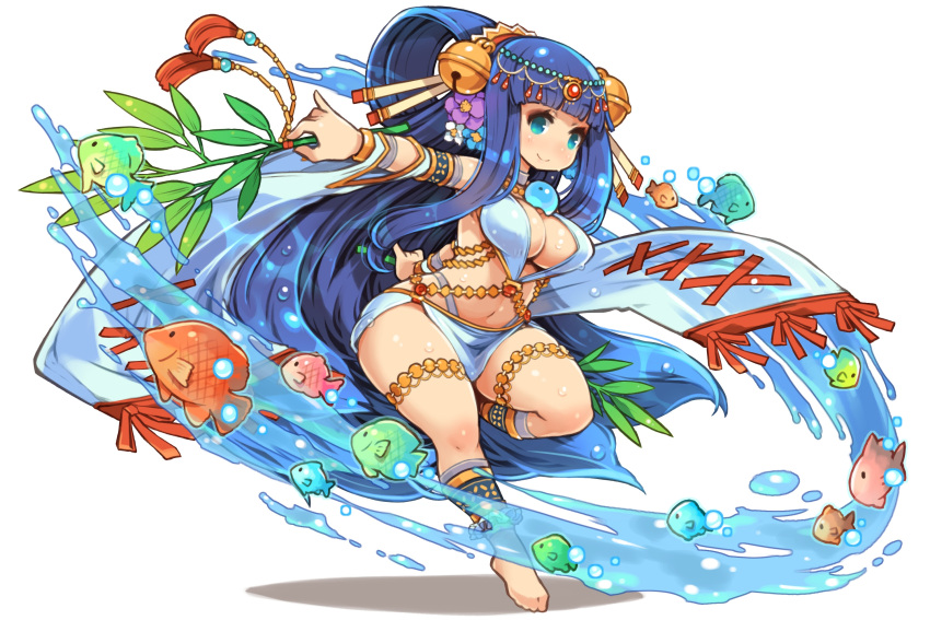 1girl absurdly_long_hair amenouzume bangs barefoot bell blue_eyes blue_hair blunt_bangs branch breasts detached_sleeves feet fish flower full_body fullbokko_heroes hair_bell hair_flower hair_ornament highres holding_branch large_breasts leg_up long_hair looking_at_viewer navel official_art pelvic_curtain shigatake sidelocks simple_background smile solo very_long_hair water wet white_background wide_sleeves