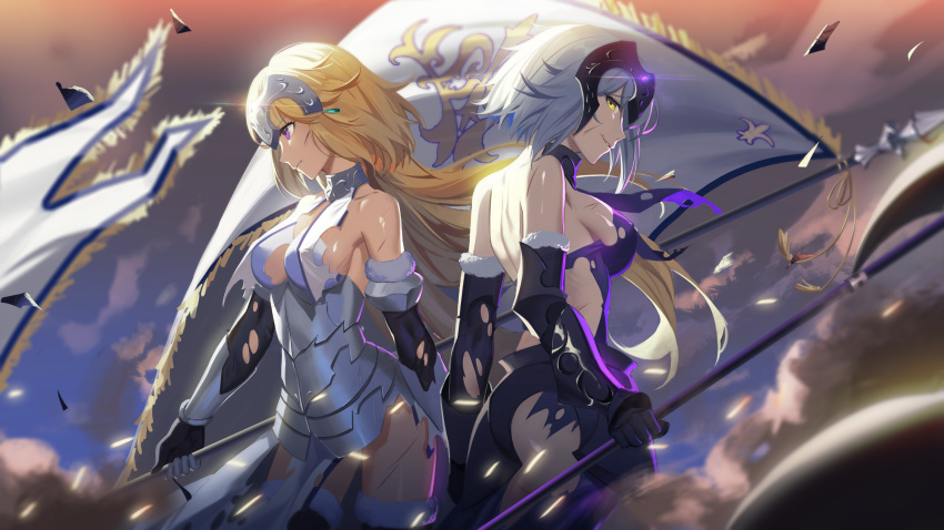 2girls absurdres armored_ress ass banner black_dress black_gloves black_legwear blonde_hair breasts cowboy_shot dress elbow_gloves floating_hair from_side gaunlters gloves highres holding holding_weapon jeanne_alter long_hair looking_at_viewer maomaozi medium_breasts multiple_girls parted_lips ruler_(fate/apocrypha) short_hair sideboob silver_hair smile standing thigh-highs torn_clothes torn_dress very_long_hair violet_eyes weapon white_dress yellow_eyes