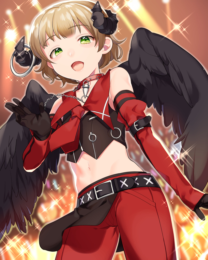 1girl absurdres black_gloves black_wings chains cowboy_shot crop_top eyebrows_visible_through_hair feathered_wings gloves green_eyes highres himeno_kanon horns idolmaster idolmaster_side-m light_brown_hair looking_at_viewer midriff mihatarou navel open_mouth pants red_pants short_hair solo standing stomach wings