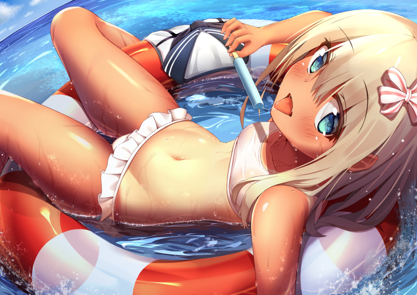 1girl bangs bare_legs bare_shoulders bikini bikini_skirt blonde_hair blue_eyes blue_sky blush breasts day eyebrows_visible_through_hair food hair_ribbon higejii highres holding holding_food kantai_collection lifebuoy long_hair looking_at_viewer lying navel ocean on_back outdoors popsicle ribbon ro-500_(kantai_collection) saliva saliva_trail sky small_breasts smile solo stomach striped striped_ribbon summer swimsuit swimsuit_removed tan tongue tongue_out water wet white_bikini