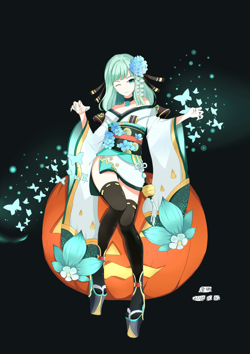 1girl aiqing bare_shoulders black_legwear blue_eyes blue_lipstick blue_nails blush character_request closed_mouth dated green_hair highres lipstick long_hair looking_at_viewer makeup nail_polish one_eye_closed onmyoji sandals signature smile solo thigh-highs