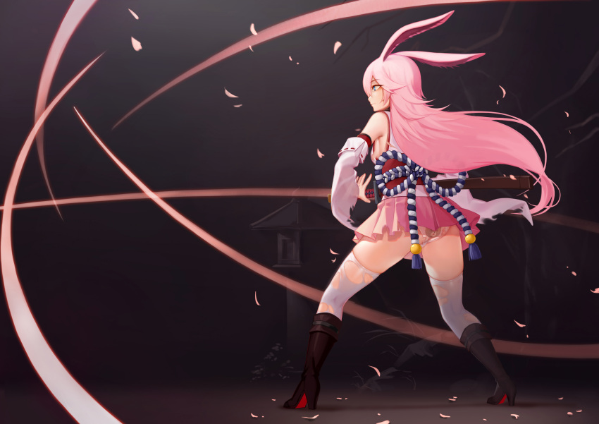 1girl absurdres animal_ears ass benghuai_xueyuan black_boots blue_eyes boots closed_mouth eyebrows_visible_through_hair from_side highres honkai_impact long_hair looking_away panties pink_hair pink_skirt rabbit_ears shoutai_(7490773) skirt solo thigh-highs torn_clothes torn_thighhighs underwear white_legwear white_panties yae_sakura_(benghuai_xueyuan)