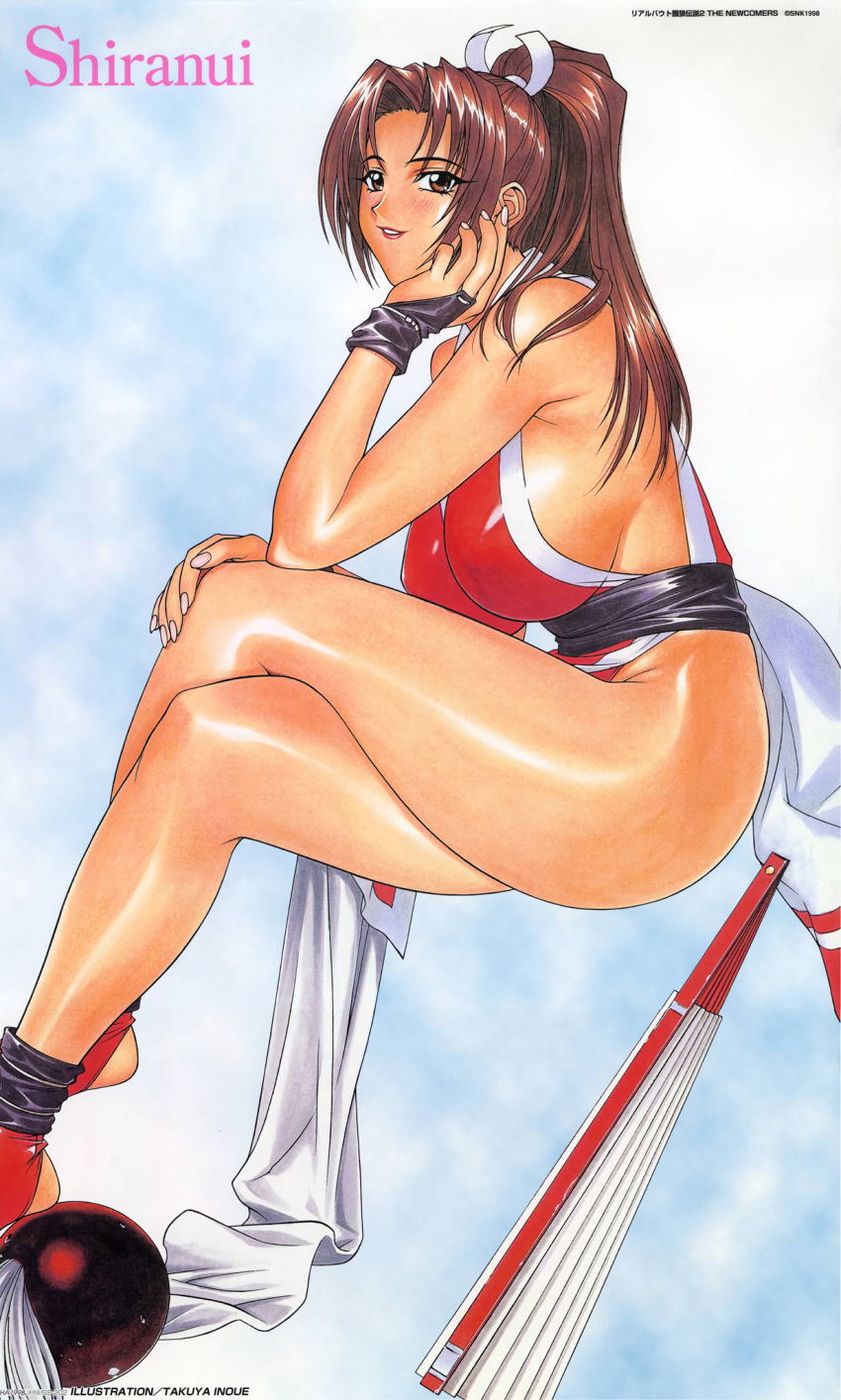 1998 1girl 90s artist_name breasts brown_eyes brown_hair character_name dated fan fatal_fury hand_on_own_face hand_on_own_knee high_ponytail highres inoue_takuya large_breasts legs_crossed lipstick long_hair looking_at_viewer makeup parted_lips pelvic_curtain shiranui_mai sideboob smile solo the_king_of_fighters