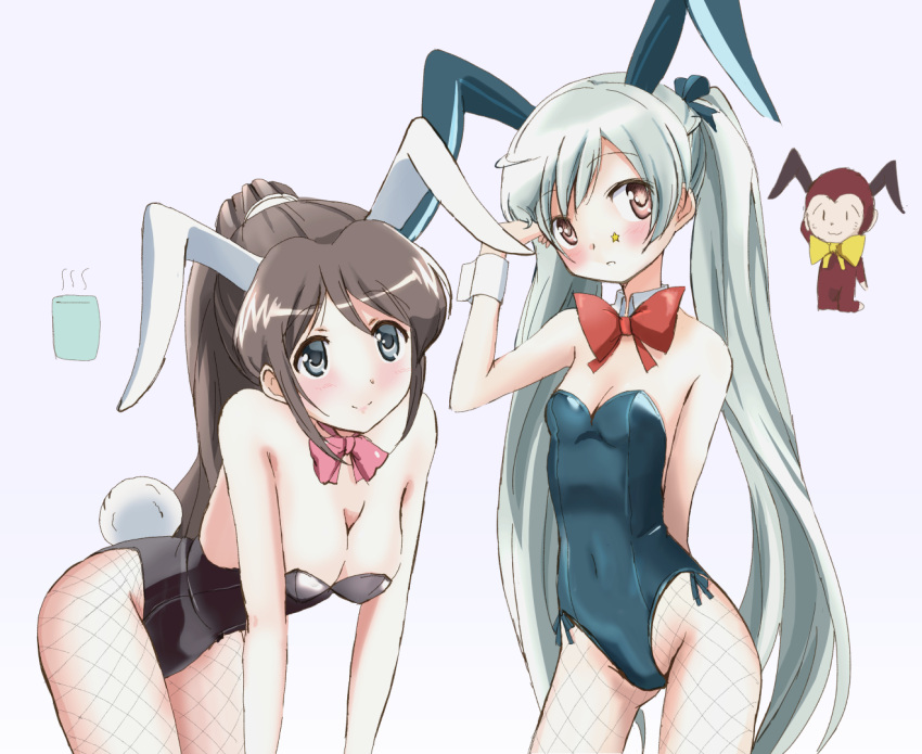 2girls animal_ears black_eyes black_hair black_leotard bow bowtie breasts brown_eyes bunny_tail bunnysuit cleavage covered_navel cowboy_shot detached_collar fishnet_pantyhose fishnets kinfuji leaning_forward leotard long_hair medium_breasts multiple_girls original pantyhose pink_bow pink_bowtie ponytail rabbit_ears red_bow red_bowtie silver_hair small_breasts standing strapless strapless_leotard tail twintails wrist_cuffs