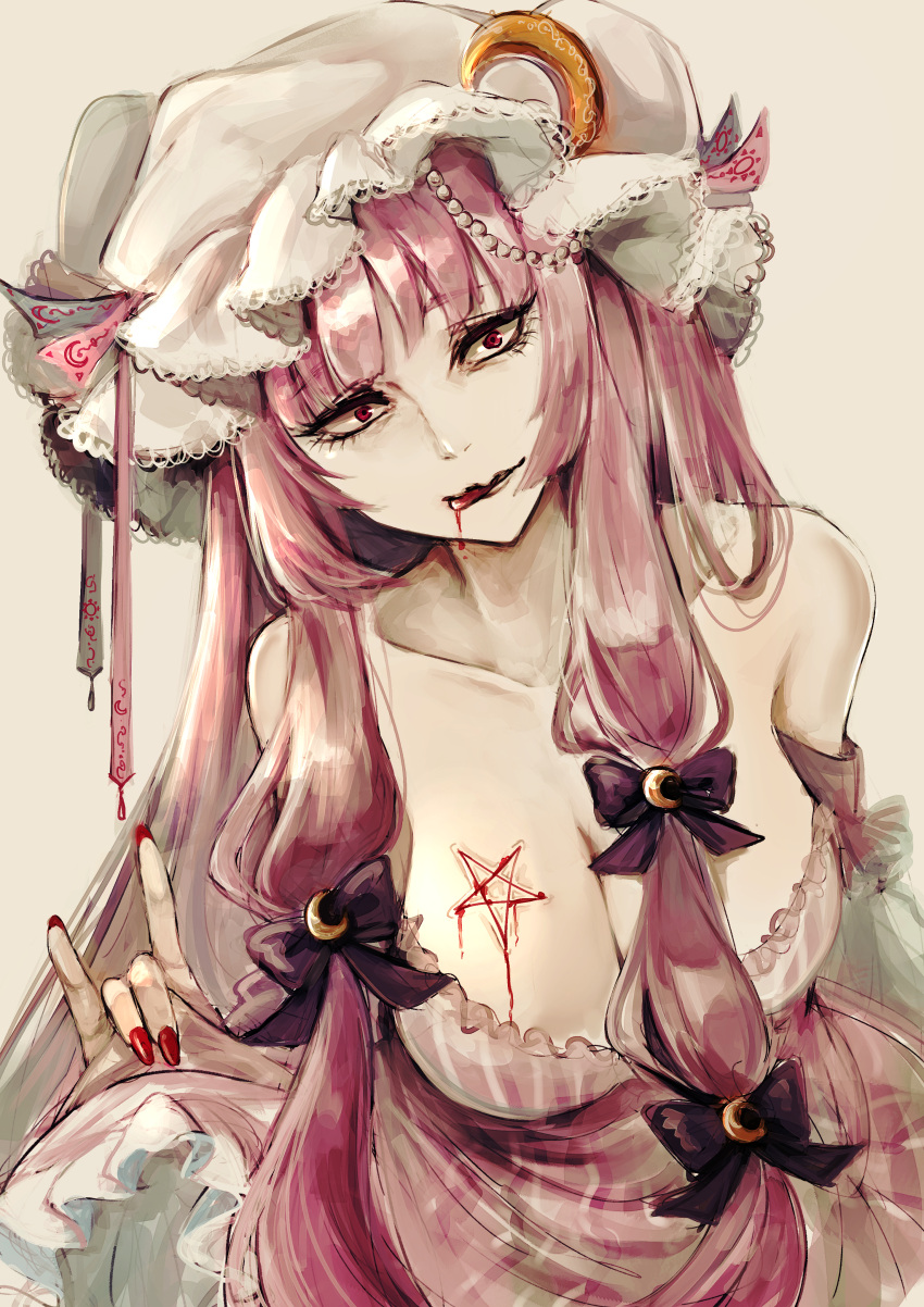 1girl \m/ absurdres bare_shoulders blood bow breasts cleavage collarbone commentary_request crescent crescent_hair_ornament dress hair_bow hair_ornament hat head_tilt highres huge_filesize kyogoku-uru large_breasts licking_lips long_hair looking_at_viewer mob_cap nail_polish patchouli_knowledge pentagram purple_bow purple_dress purple_hair sidelocks simple_background solo tongue tongue_out touhou violet_eyes