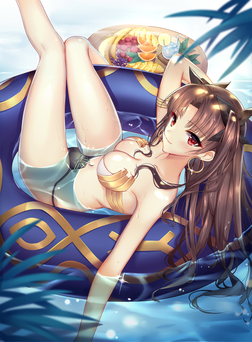 1girl :3 adapted_costume arm arm_up armlet banana bangs bare_arms bare_legs bare_shoulders bikini bikini_armor black_bikini_bottom black_ribbon blue_innertube blush breasts brown_hair cleavage closed_mouth cocktail collarbone cup day depth_of_field drink drinking_glass drinking_straw earrings fate/grand_order fate_(series) female food from_above fruit fruit_slice grapes hair_ribbon highres hoop_earrings innertube ishtar_(fate/grand_order) jewelry knee_up knees_together_feet_apart large_breasts leg_up legs long_hair looking_at_viewer looking_back looking_up lying meaomao midriff navel neck no_crown on_back orange orange_slice outdoors parted_bangs pineapple red_eyes relaxing ribbon smile solo strapless strapless_bikini strapless_swimsuit swimsuit tohsaka_rin tray tray_floating_in_water two_side_up type-moon water wet wet_hair white_bikini_top
