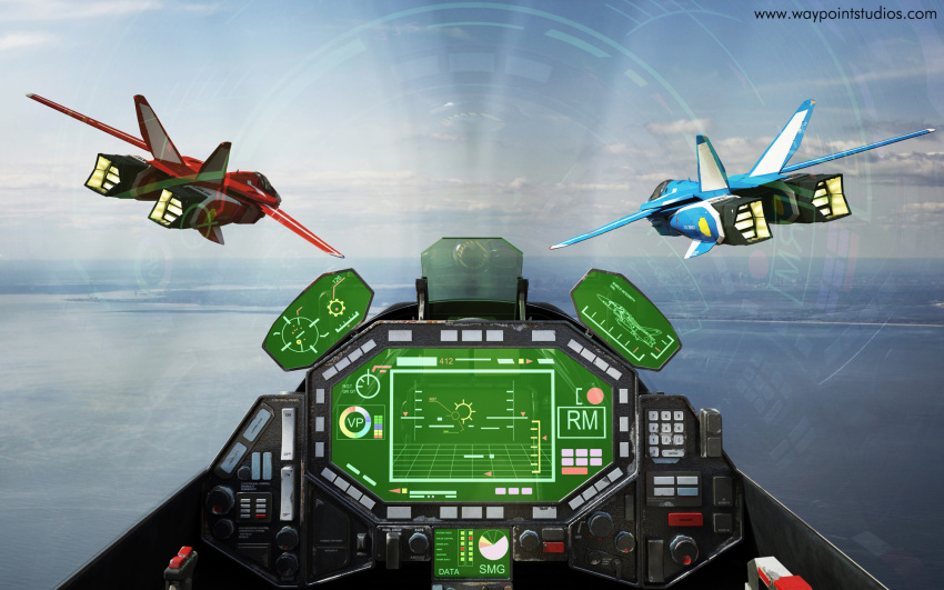 3d 3d-brainx afterburner buttons canopy choujikuu_yousai_macross clouds cockpit control_panel_overlay crosshair flying heads-up_display highres macross mecha ocean photo_background realistic reflection science_fiction screen shoreline thrusters u.n._spacy variable_fighter vf-1 vf-1j water watermark web_address