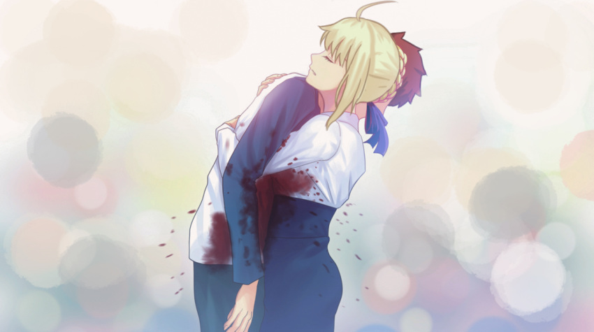 1boy 1girl ahoge artoria_pendragon_(all) blonde_hair blood bloody_clothes blouse blue_pants blue_skirt closed_eyes closed_mouth commentary_request emiya_shirou fate/stay_night fate_(series) fateline_alpha from_side hug leaning_on_person long_sleeves pants profile redhead saber sidelocks skirt standing white_blouse