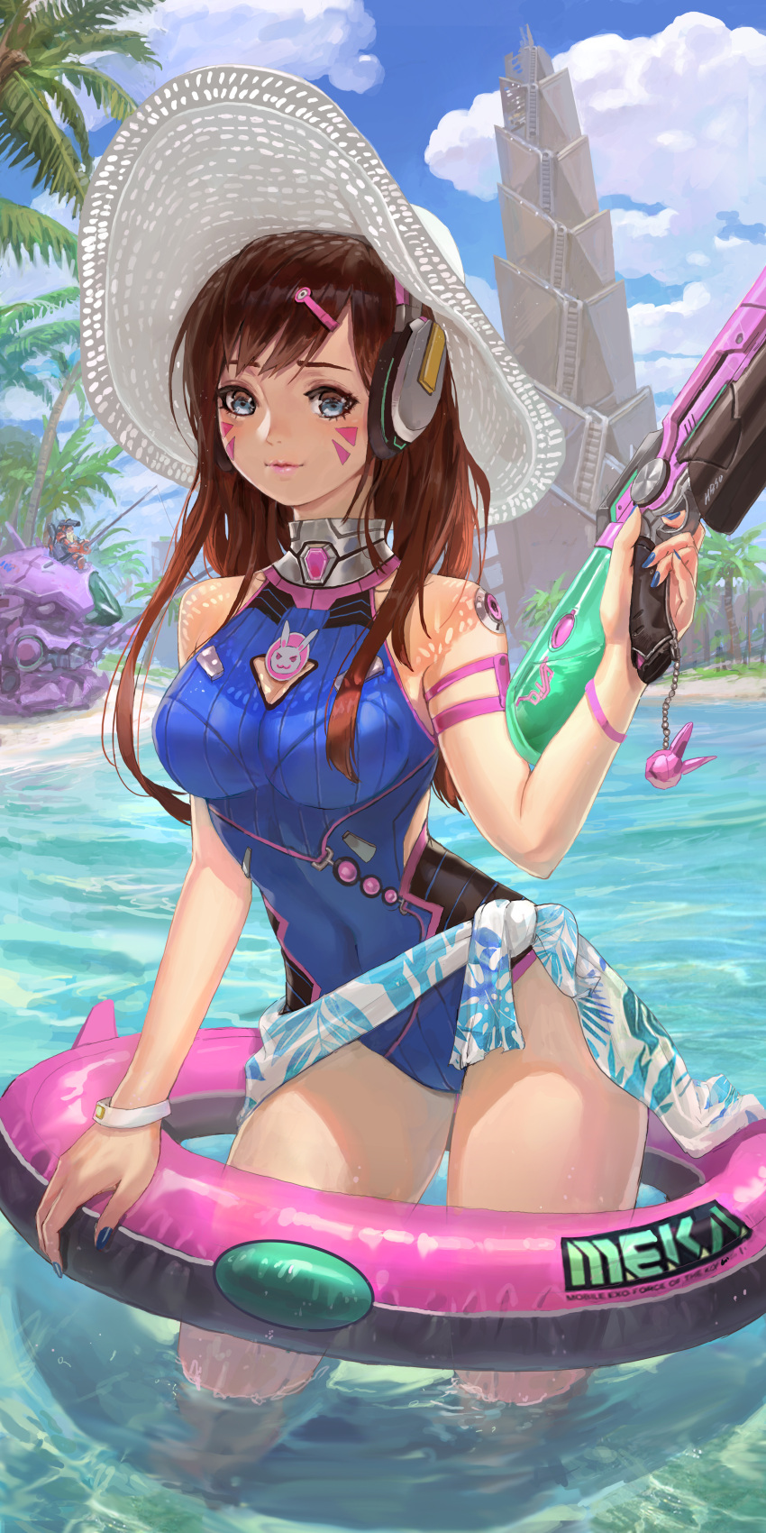 1boy 1girl absurdres adapted_costume arm_strap blue_eyes blue_nails blue_swimsuit breasts brown_hair closed_mouth clouds cloudy_sky contrapposto covered_navel cowboy_shot d.va_(overwatch) day facial_mark finger_on_trigger fishing hair_ornament hairclip hat headphones highres impossible_clothes impossible_swimsuit innertube lips long_hair looking_at_viewer medium_breasts nail_polish one-piece_swimsuit outdoors overwatch shaonav sky sun_hat swimsuit torbjorn_(overwatch) wading water_gun wristband