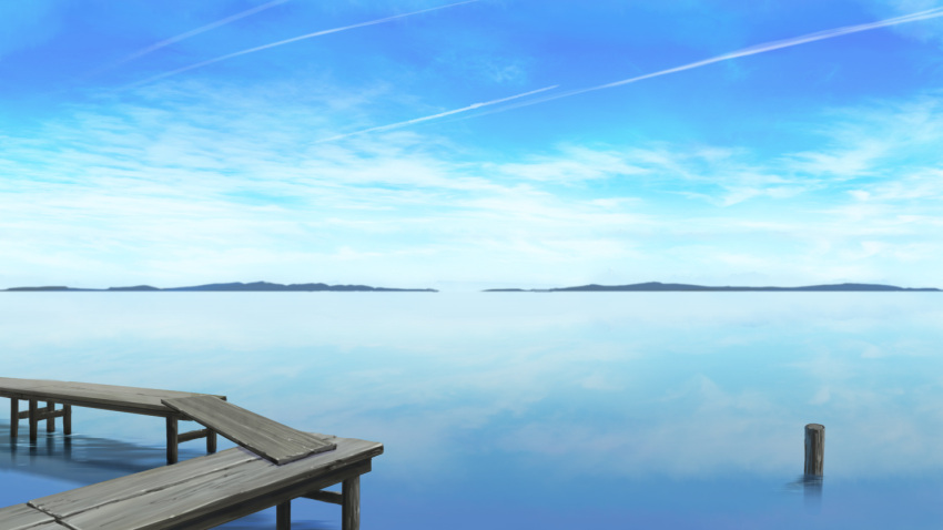 blue_sky clouds cloudy_sky commentary_request condensation_trail day horizon lake mountain mountainous_horizon no_humans noshi outdoors pier reflection scenery sky water_surface