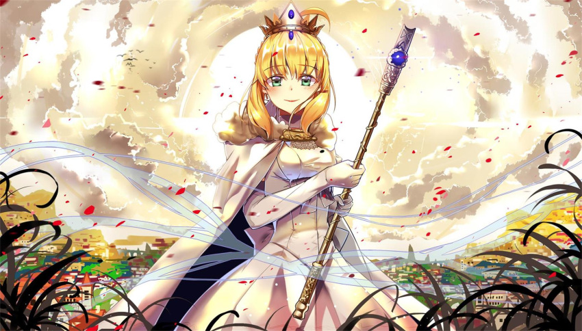 1girl artoria_pendragon_(all) blonde_hair breasts crown day dress earrings elbow_gloves eyebrows_visible_through_hair fate_(series) gloves green_eyes highres holding holding_staff jewelry long_hair looking_at_viewer lucky_(1045044604) medium_breasts outdoors petals saber smile solo staff standing white_dress white_gloves