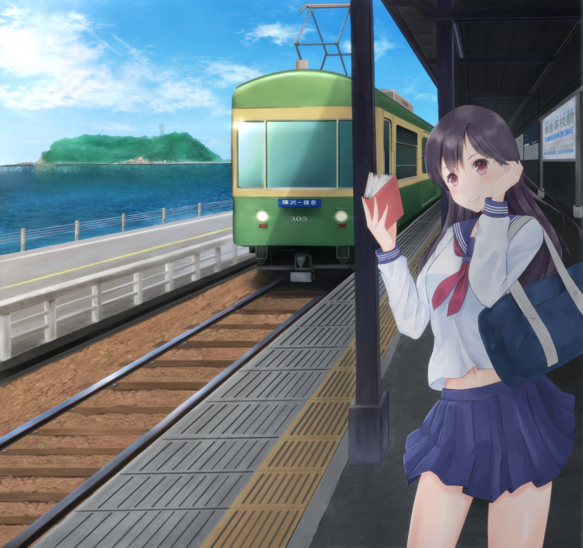 1girl bag black_hair blue_eyes book clouds electric_train fence hand_up holding holding_book irohakaede island looking_at_viewer navel ocean original platform railroad_tracks red_eyes road school_uniform serafuku shoulder_bag sign solo tower train_arriving train_station translation_request