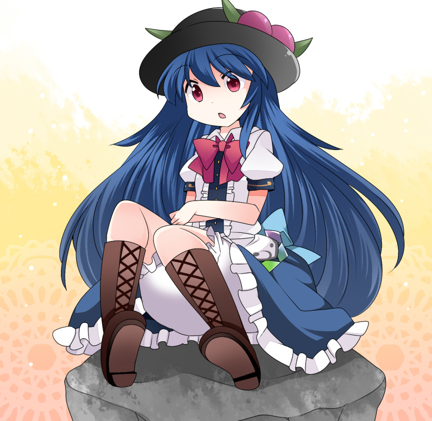 1girl :o bangs black_hat bloomers blue_hair blue_skirt blush boots bow bowtie brown_boots center_frills commentary_request cross-laced_footwear crossed_arms eyebrows_visible_through_hair food frills fruit gradient gradient_background hammer_(sunset_beach) hat highres hinanawi_tenshi knee_boots knees_up lace-up_boots long_hair medium_skirt open_mouth peach puffy_short_sleeves puffy_sleeves red_bow red_bowtie red_eyes rock shirt short_sleeves sitting skirt solo tareme touhou underwear upskirt very_long_hair white_shirt
