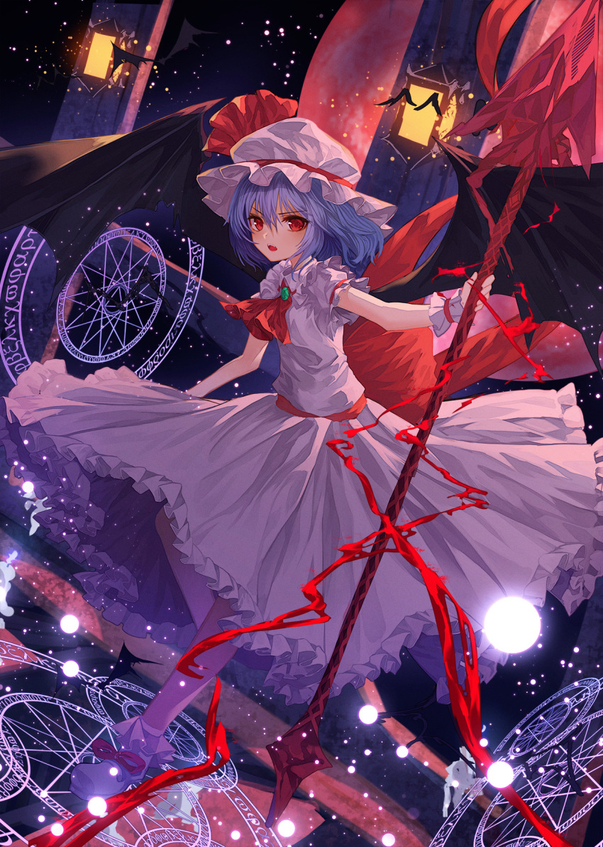 1girl ascot bangs bat bat_wings blue_hair bobby_socks brooch eyebrows_visible_through_hair full_body hair_between_eyes hat hat_ribbon highres holding holding_weapon jewelry lo-ta looking_at_viewer magic_circle mob_cap night night_sky pink_skirt polearm red_eyes red_ribbon remilia_scarlet ribbon shoes short_hair short_sleeves skirt skirt_set sky socks solo spear spear_the_gungnir touhou weapon wings wrist_cuffs