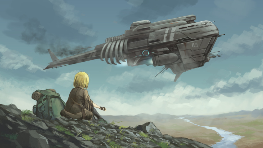 1girl airship backpack backpack_removed bag blonde_hair brown_jacket clouds cloudy_sky commentary_request day fingerless_gloves from_behind gloves highres horizon jacket original river rock scenery short_hair sitting sky solo sudzuke valley