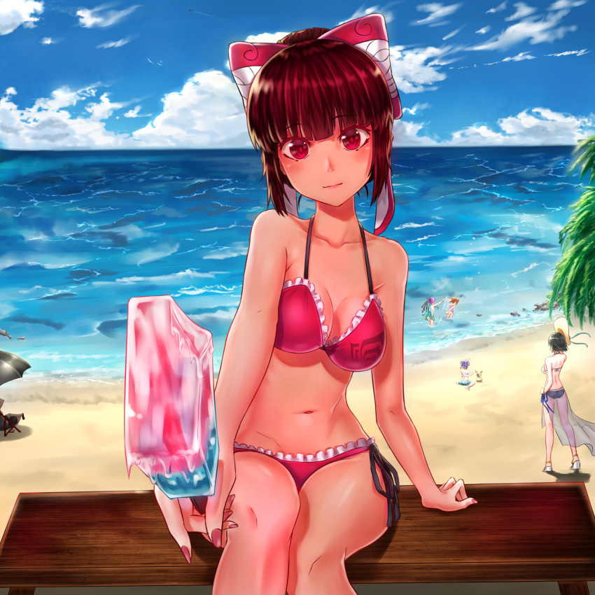 absurdres beach beach_umbrella bench bikini blush bow breasts character_request cleavage food hair_bow hat highres incoming_food kai_(pixiv12466647) looking_at_viewer nail nail_polish navel ocean one-piece_swimsuit palm_tree pink_eyes popsicle purple_bikini red_nails sand_sculpture side-tie_bikini sitting splashing swimsuit tree umbrella warframe wariza