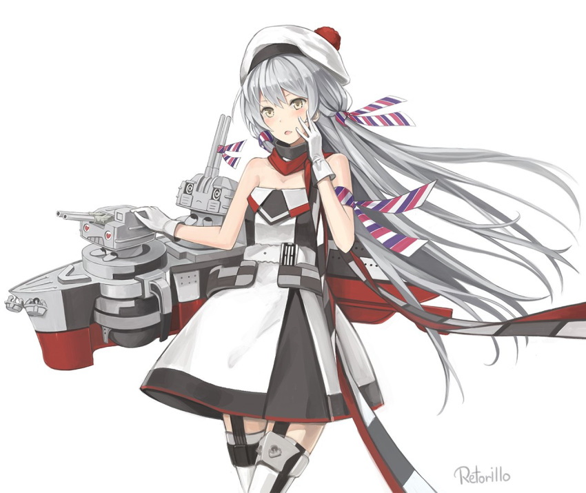 1girl amatsukaze_(kantai_collection) armband bare_shoulders chou-10cm-hou-chan cosplay dress gloves hair_between_eyes hand_to_own_mouth hat kantai_collection long_hair open_mouth rensouhou-kun retorillo richelieu_(kantai_collection) rigging simple_background solo thigh-highs white_background yellow_eyes