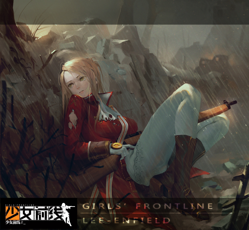 1girl absurdres behind_cover boots breasts brown_boots brown_hair character_name closed_mouth from_side full_body girls_frontline gloves green_eyes gun highres holding holding_gun holding_weapon jayjiwoo_park knee_boots large_breasts lee-enfield lee-enfield_(girls_frontline) long_hair pants rifle sitting solo torn_clothes weapon white_gloves white_pants