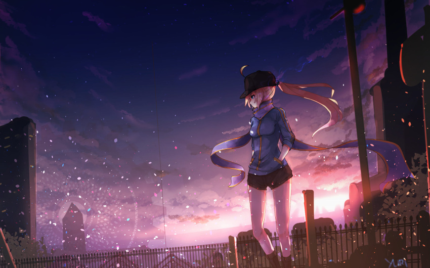 1girl ahoge artoria_pendragon_(all) black_hat black_shorts blonde_hair blue_scarf blue_sweater fate/grand_order fate_(series) floating_hair hand_in_pocket hat highres long_hair mysterious_heroine_x scarf short_shorts shorts solo standing sweater syaha twintails very_long_hair