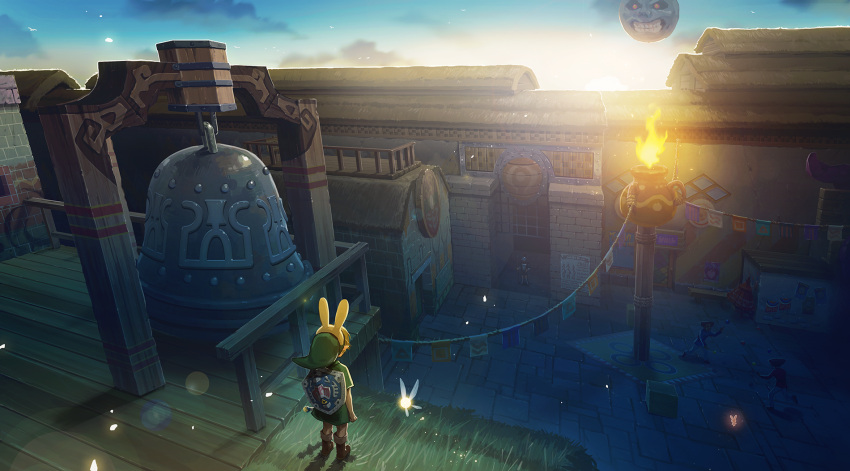 bell building bunny_hood_(the_legend_of_zelda) clouds dawn fire green_tunic highres hylian_shield link moon_(majora's_mask) nshi on_roof sky stone_floor string_of_flags tatl the_legend_of_zelda the_legend_of_zelda:_majora's_mask