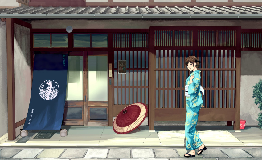 1girl aqua_kimono architecture brown_eyes brown_hair bucket closed_mouth commentary_request east_asian_architecture floral_print from_side hair_bun highres house japanese_clothes kimono long_sleeves munakata_(hisahige) no_socks obi oriental_umbrella plant sandals sash smile solo standing stone_floor umbrella walking wide_sleeves